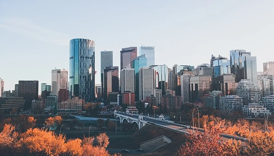 Calgary skyline with The Bow, Centre Street Bridge and Bow River